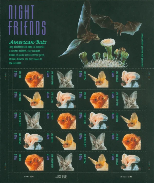 1-2002-American-Bats-Stamps-5Sheets-100Stamps 2002 American Bats Stamps – 5 Sheets / 100 Stamps