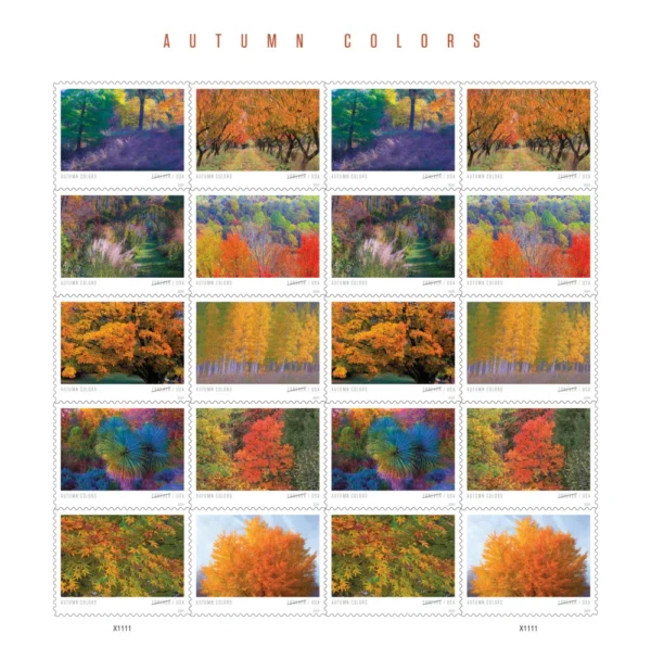 1-2024-autumn-colors-forever-stamps-5-sheets-100-stamps 2024 Autumn Colors Forever Stamps – 5 Sheets / 100 Stamps