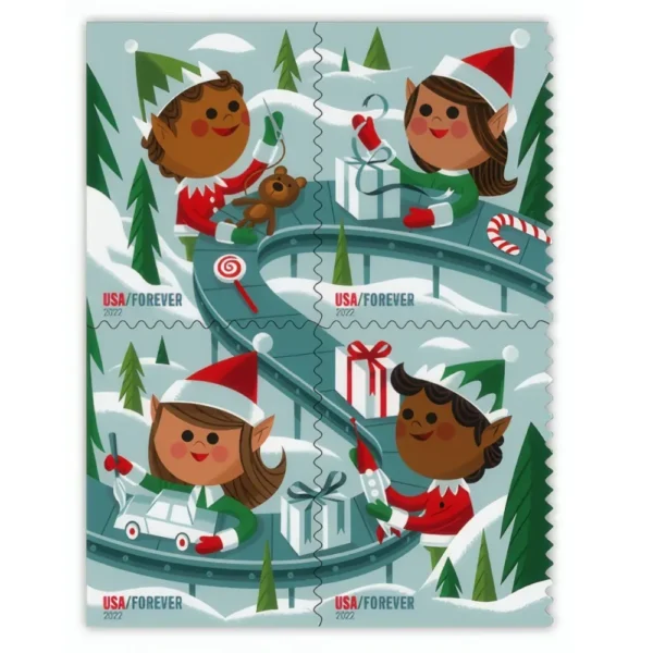 1-holiday-elves-forever-stamps-5-sheets-100-stamps Holiday Elves Forever Stamps – 5 Sheets / 100 Stamps