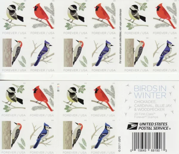 2-2018-Birds-in-Winter-Stamps-5Booklets-100Stamps 2018 Birds in Winter Stamps – 5 Booklets / 100 Stamps