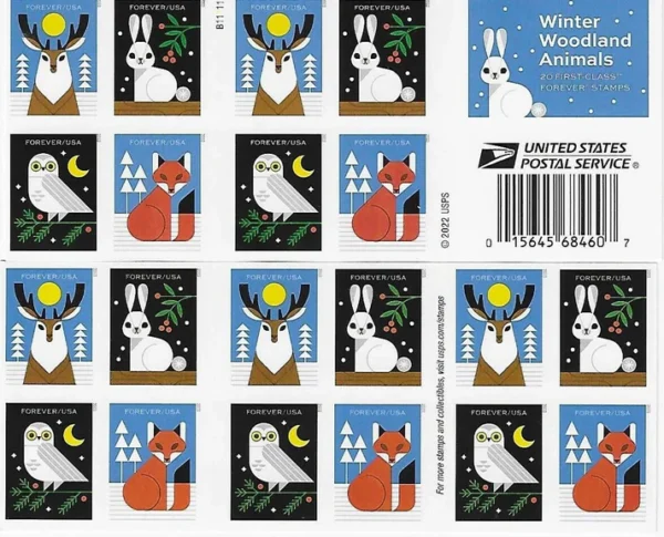 2-2023-Winter-Woodland-Animals-Forever-Stamps-5Booklets-100Stamps 2023 Winter Woodland Animals Forever Stamps – 5 Booklets / 100 Stamps