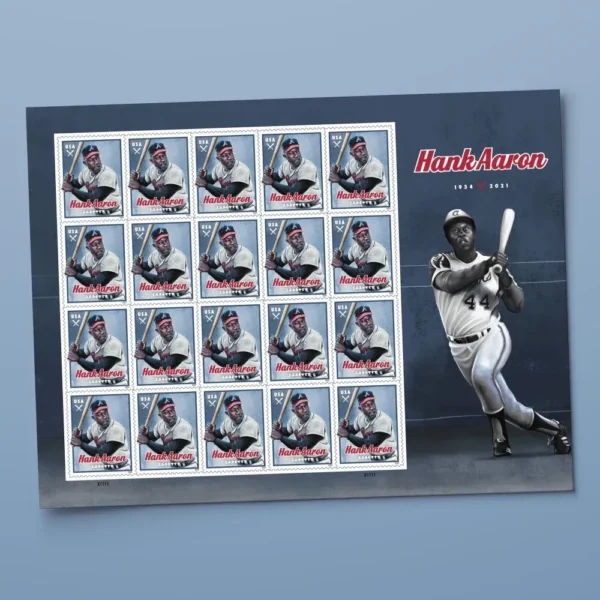 3-2024-hank-aaron-Stamps-5Sheets-100Stamps 2024 Hank Aaron Forever Stamps – 5 Sheets / 100 Stamps