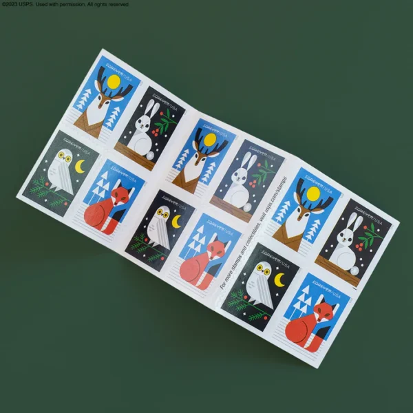 5-2023-Winter-Woodland-Animals-Forever-Stamps-5Booklets-100Stamps 2023 Winter Woodland Animals Forever Stamps – 5 Booklets / 100 Stamps