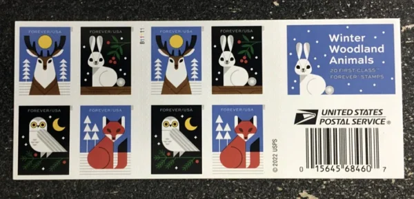 7-2023-Winter-Woodland-Animals-Forever-Stamps-5Booklets-100Stamps 2023 Winter Woodland Animals Forever Stamps – 5 Booklets / 100 Stamps